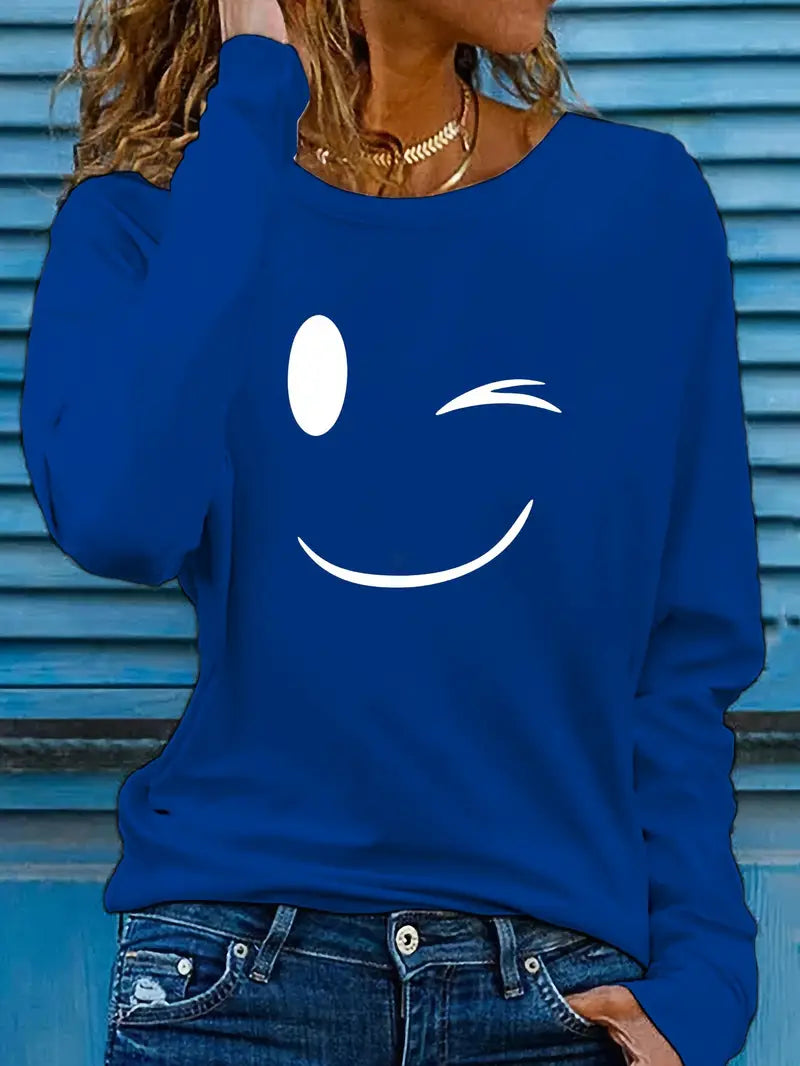 Odalina - Maglietta Informale Con Stampa Occhiolino Sorridente