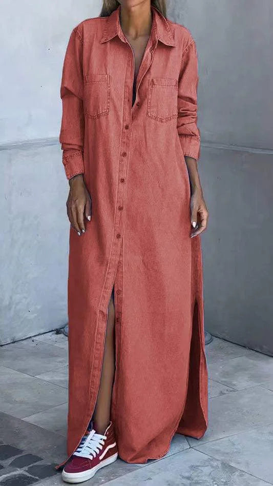 Vallina - Denim Manica Lunga Abito Con Risvolto