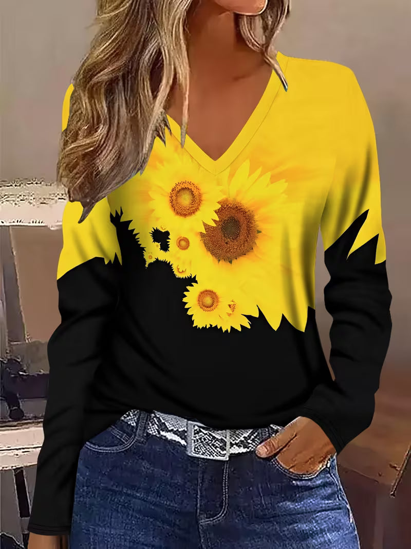 Olina - Maglia a Maniche Lunghe Con Stampa a Girasoli