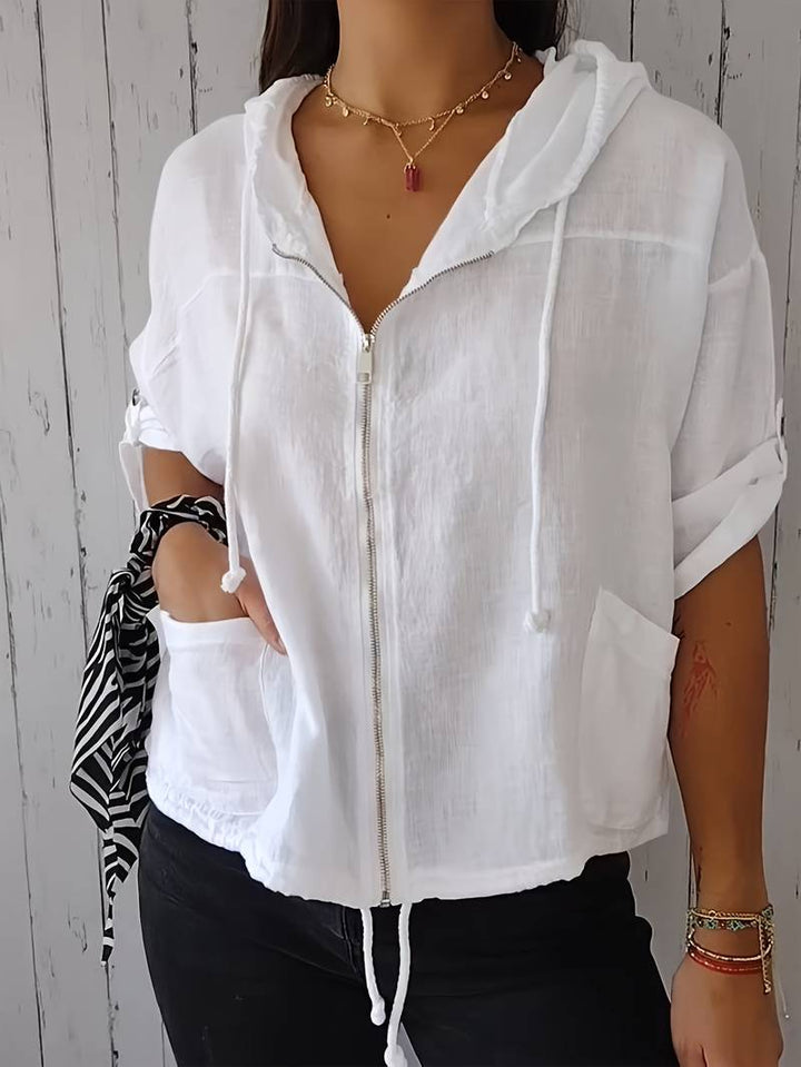 Senushi - Maglia Ampia a Maniche Corte Con Cappuccio e Zip