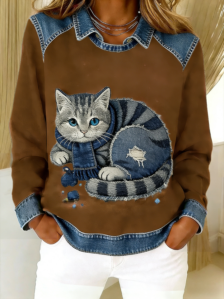 Eponin - Felpa patchwork in Denim Retrò Con Gatto