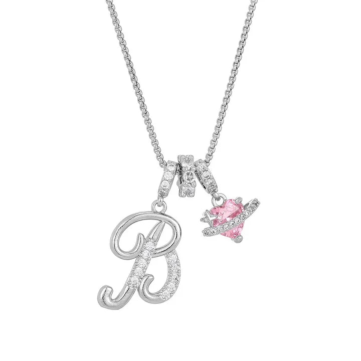 Nerute - Collana Con Iniziale e Ciondolo a Forma di Cuore Rosa