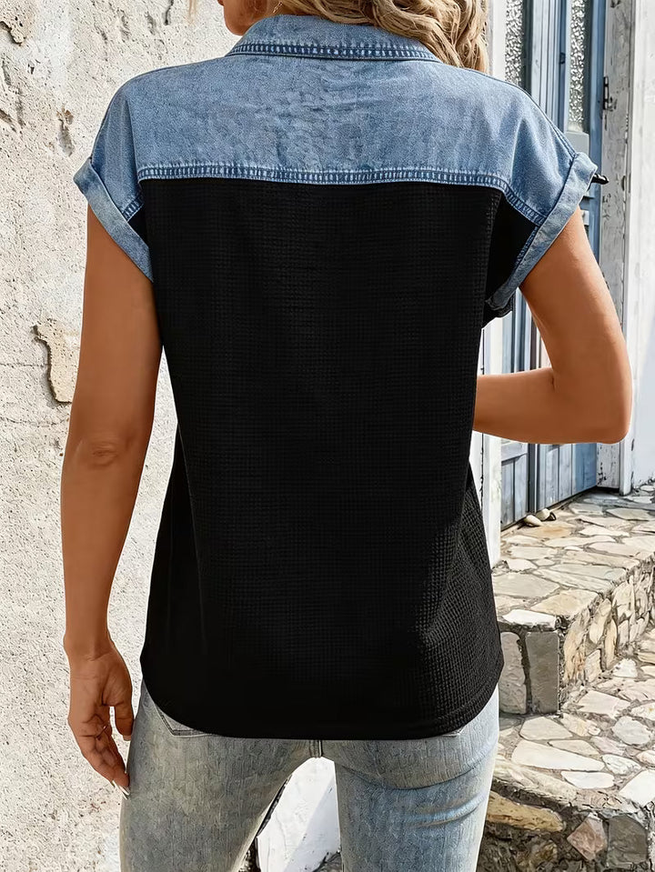 Haily - Top Casual in Denim Con Colletto Patchwork e Maniche Corte