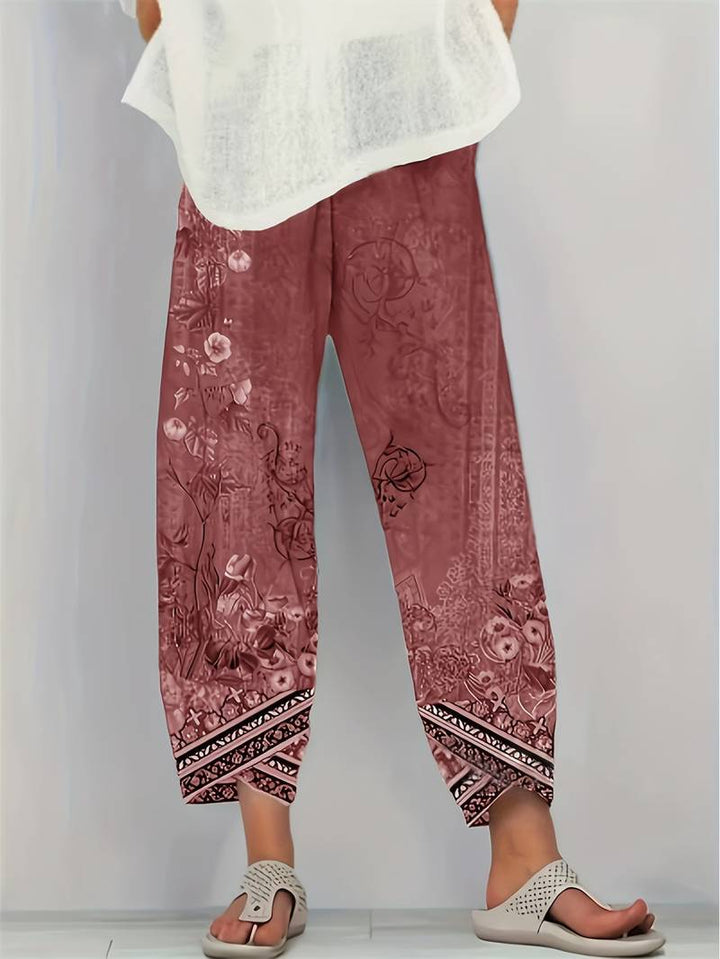 Thimasha - Pantaloni Capri Vintage a Fiori Con Elastico in Vita