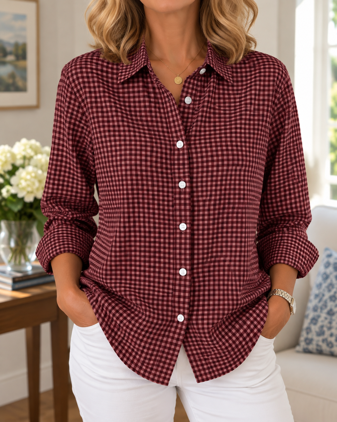 Colien - Camicia a Maniche Lunghe a Quadretti Con Bottoni