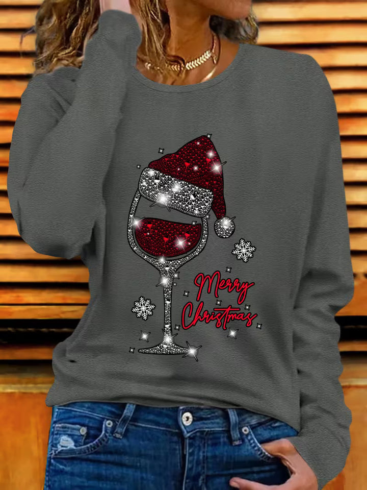 Doreah - Maglione Con Stampa Bicchiere Di Vino Natalizio e Cappello Da Babbo Natale