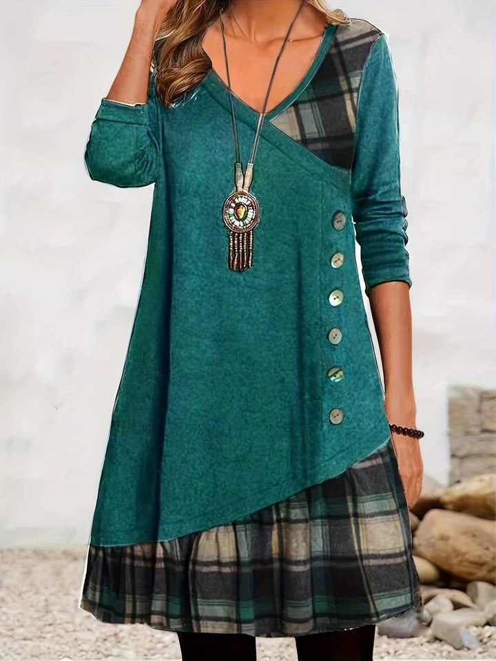Alinor - Abito Casual a Maniche Lunghe Con Patchwork a Quadri