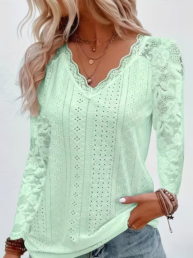 Shaleva - Camicia Elegante a Maniche Lunghe Con Scollo a V in Pizzo
