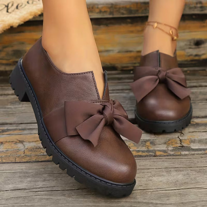 Nargiza - Elegant Bow Accent Round Toe Chunky Sole Loafers