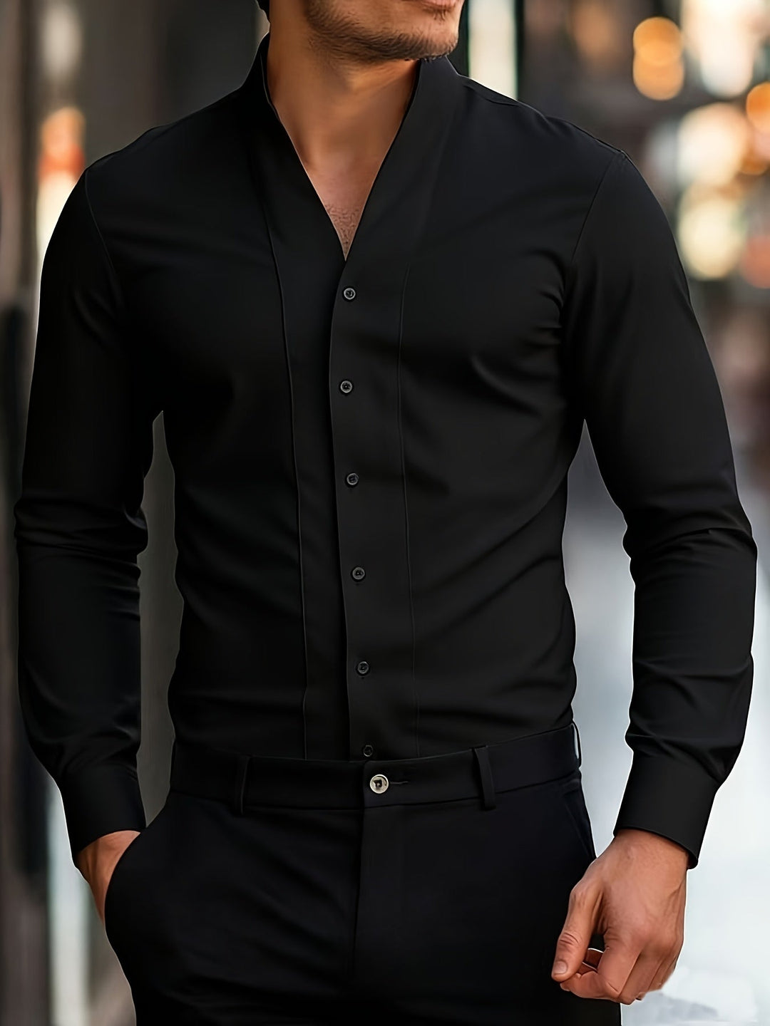 Almasbek - Camicia Slim Fit a Maniche Lunghe Con Scollo a V