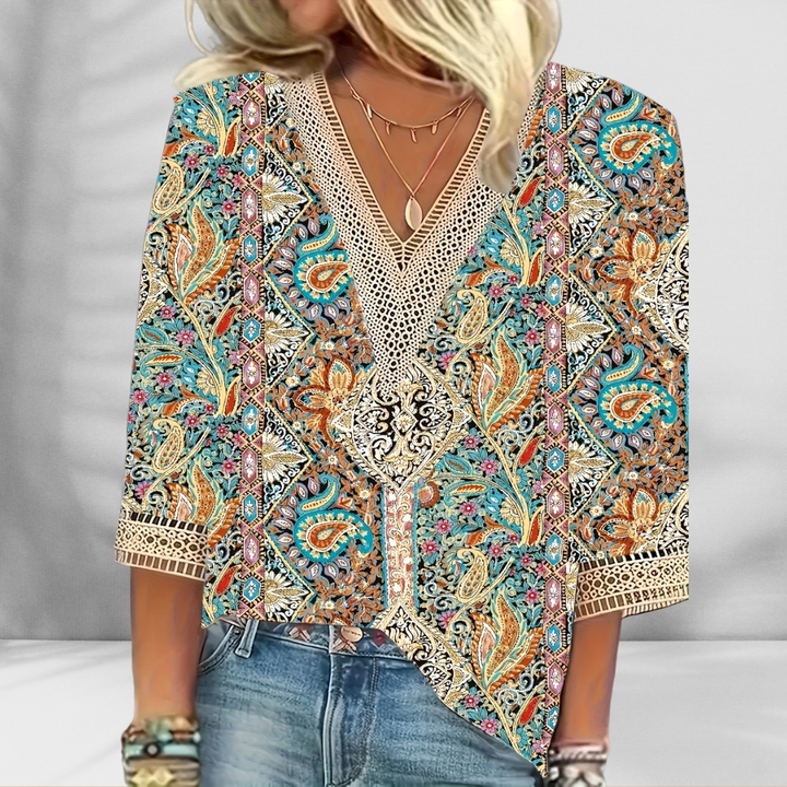 Maricela - Camicetta Boho Con Motivi Floreali E Maniche Lunghe