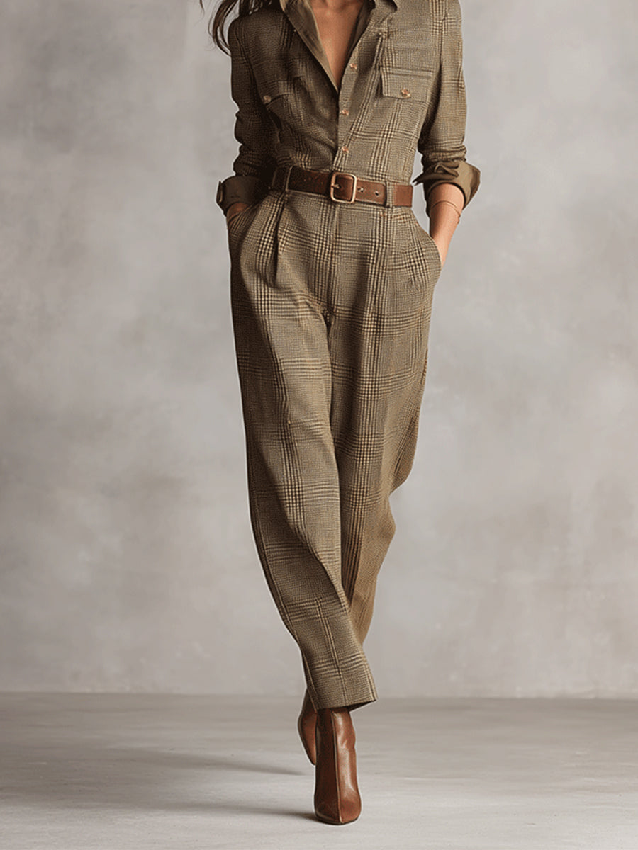 Dulce - Belted Check Jumpsuit With Shirt Collar