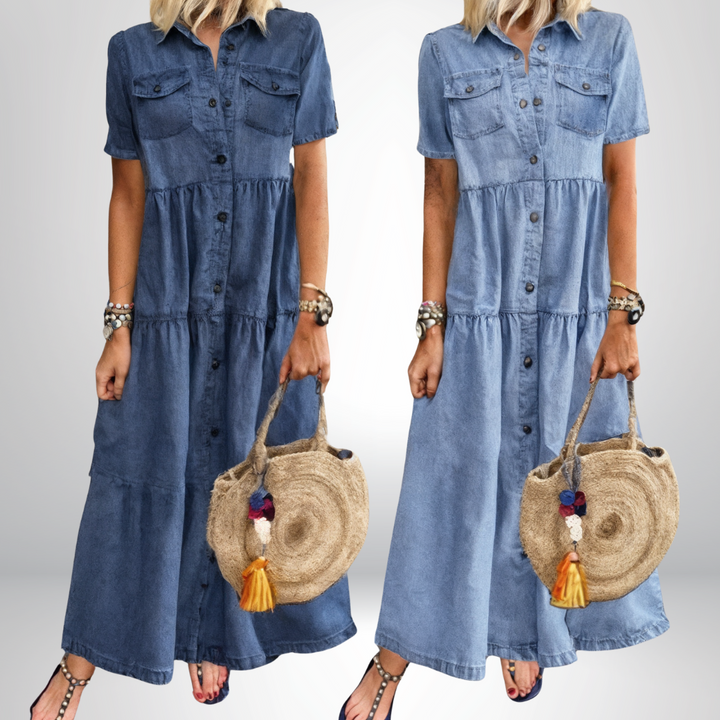 Leokadia - Abito in Morbido Denim Con Bottoni