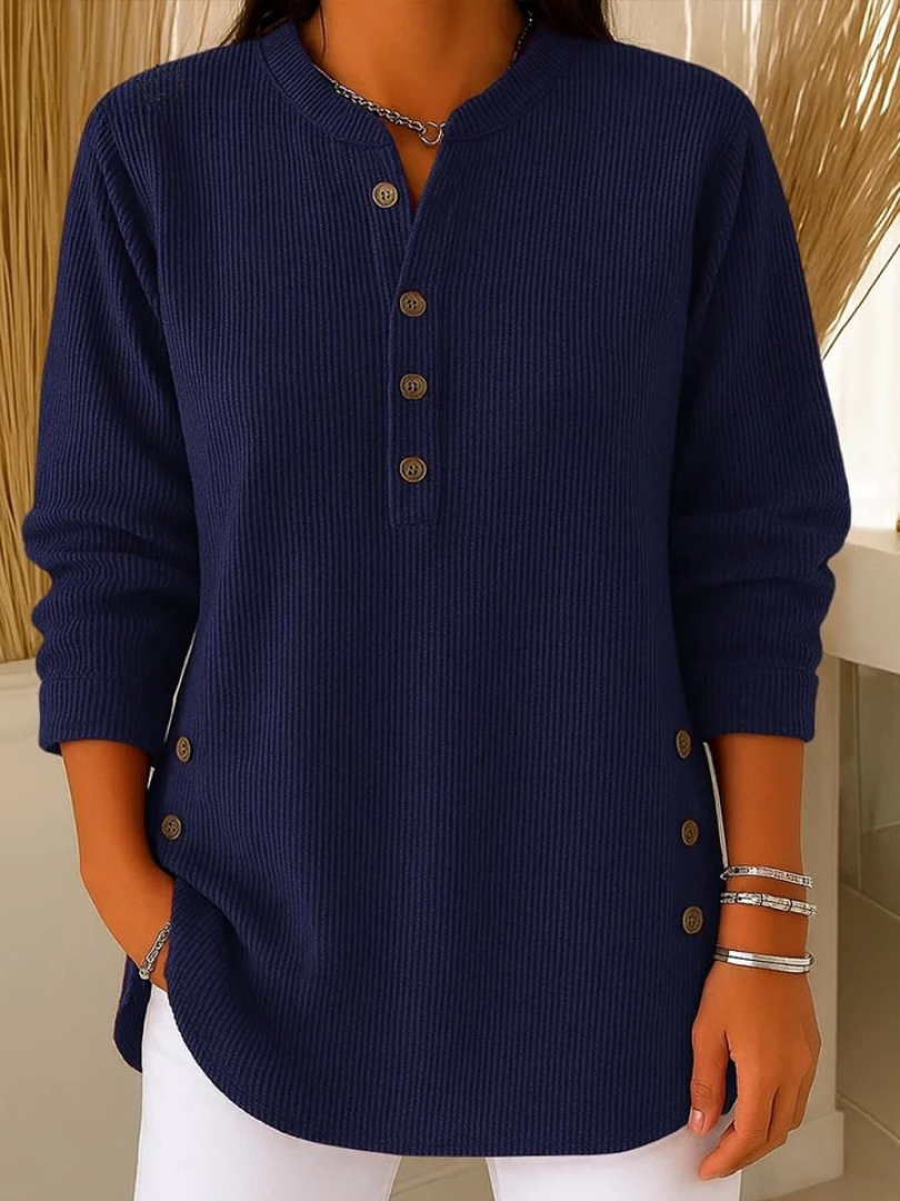 Eshani - Maglia Henley Casual a Maniche lunghe Con Bottoni e Lavorazione a Coste