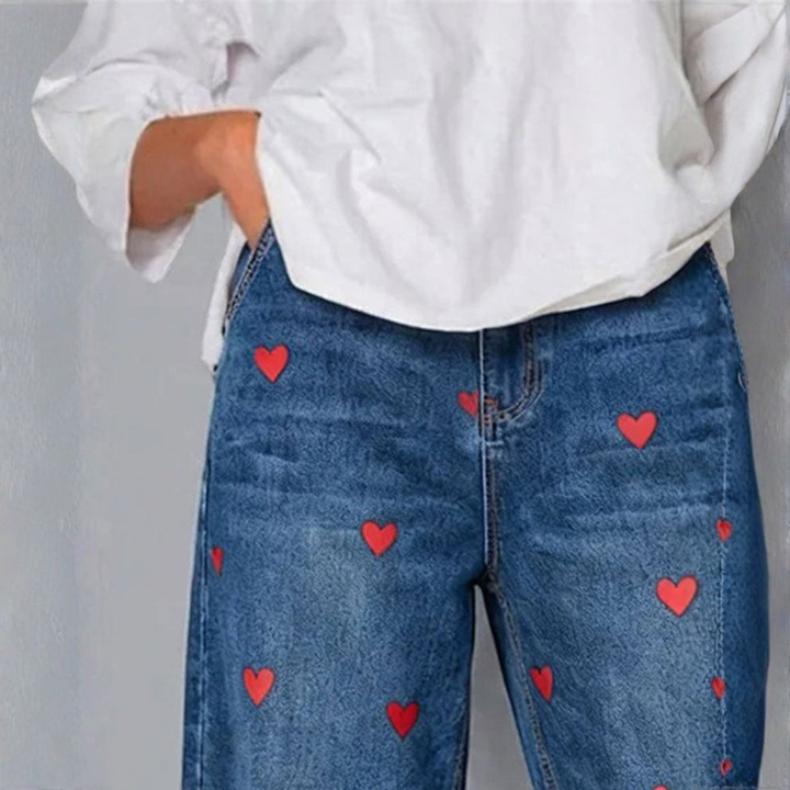 Raemaa - Pantaloni In Denim Alla Caviglia Con Stampa a Cuori