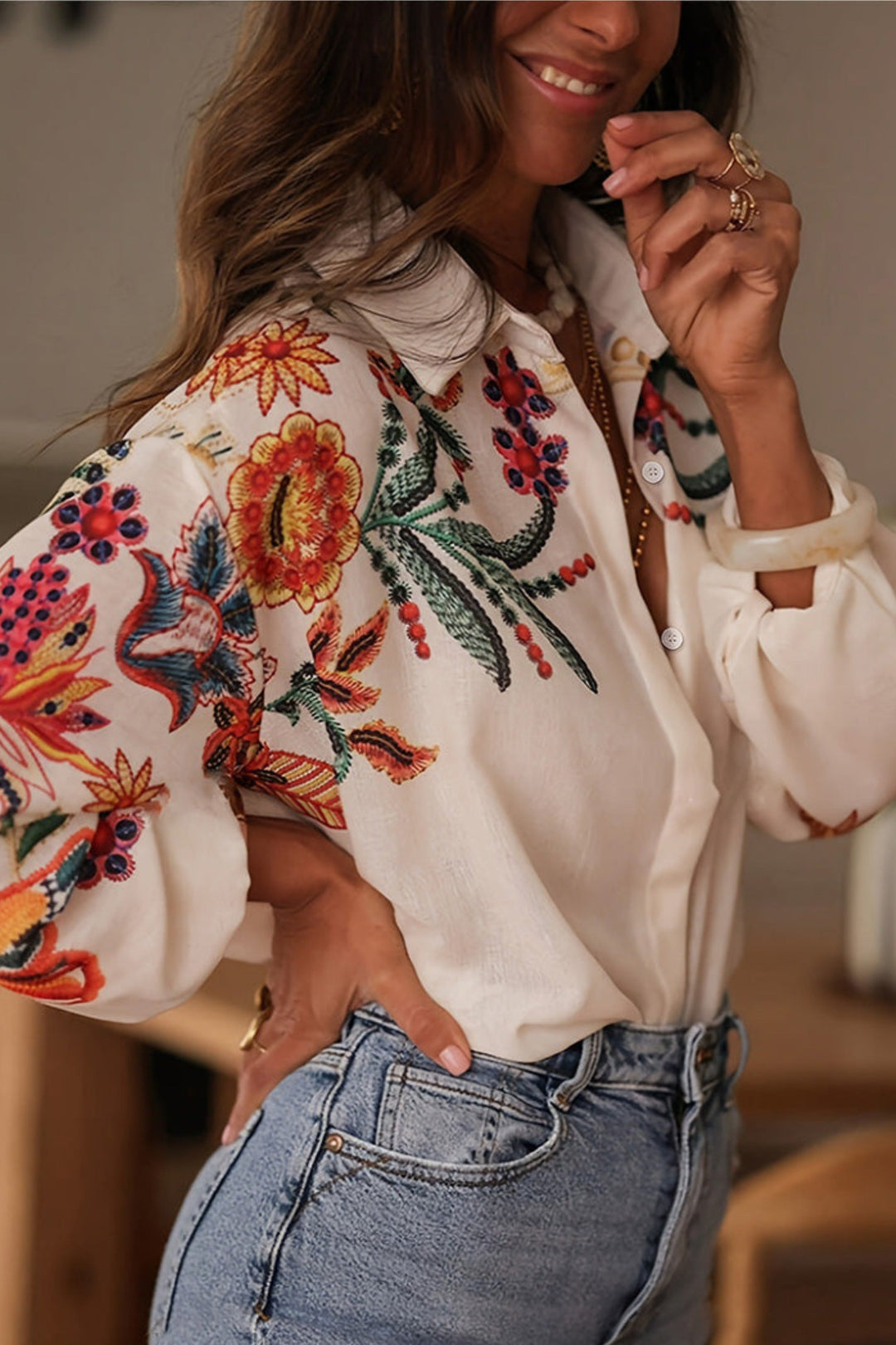 Mariluna - Camicia Casuale a Maniche Lunghe Con Stampa Floreale