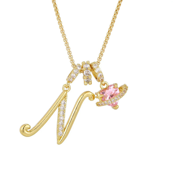 Nerute - Collana Con Iniziale e Ciondolo a Forma di Cuore Rosa