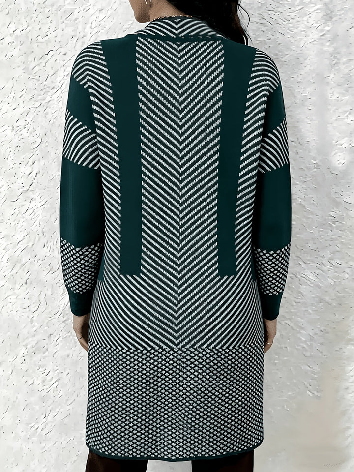 Zhamilya - Cardigan Con Davanti Aperto in Maglia Geometrica a Filetti Lunghi