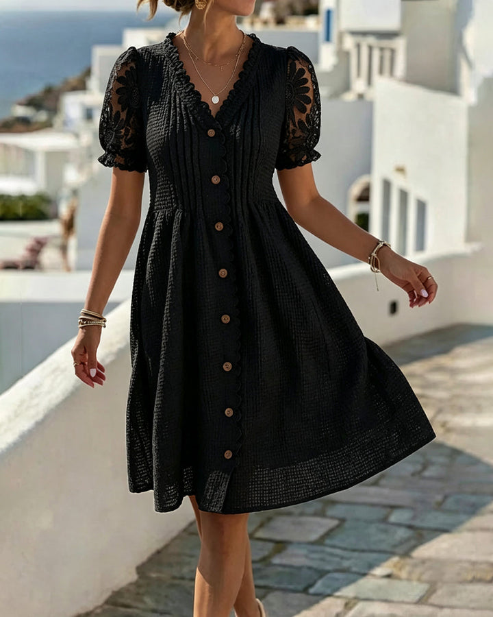 Deneke - Abito Con Maniche a Palloncino in Patchwork di Pizzo con Motivo a Girasoli