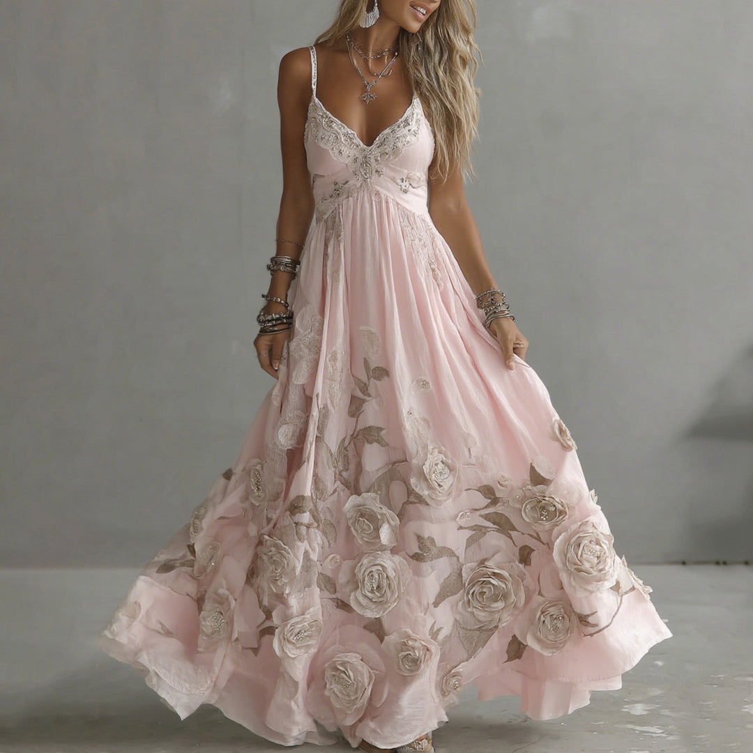 Adeluna - Abito Lungo Con Rosa Vintage e Ricami