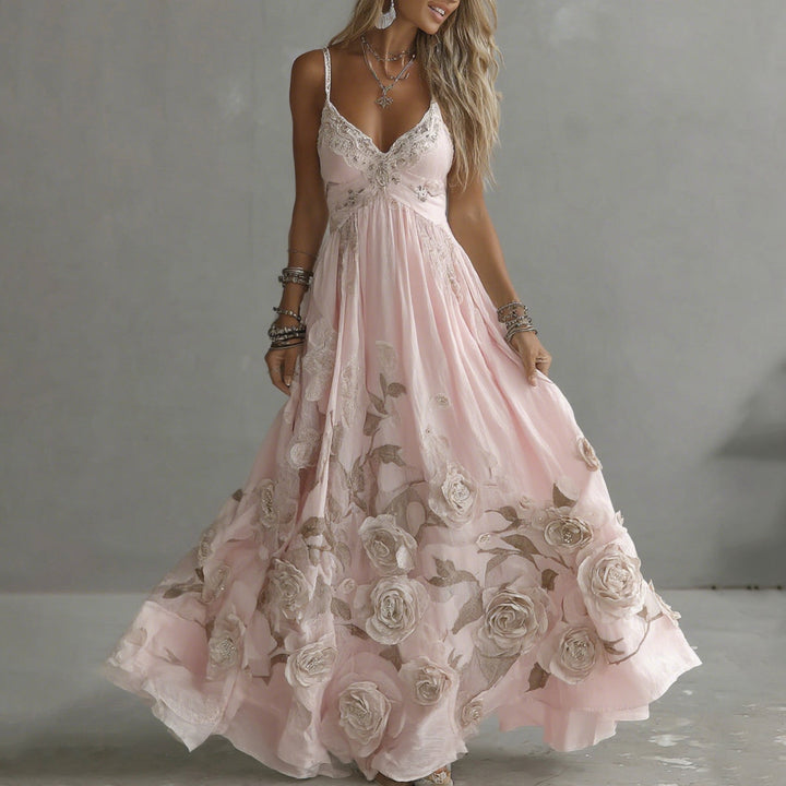 Adeluna - Abito Lungo Con Rosa Vintage e Ricami