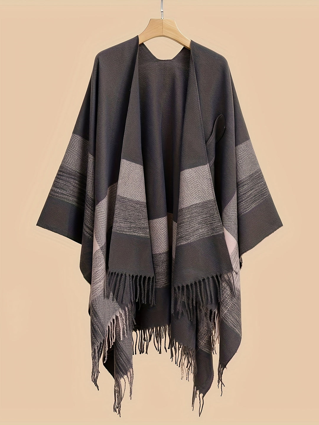Kyrine - Geometric Pattern Fringed Poncho Shawl Wrap