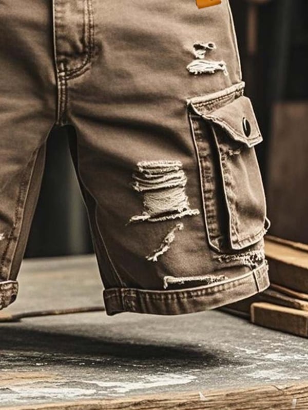 Pantaloncini funzionali vintage da uomo in denim strappato