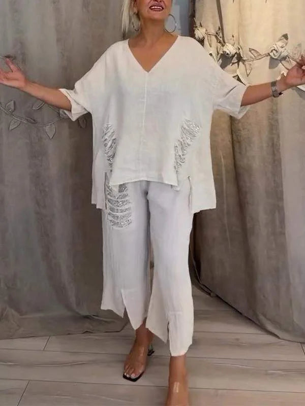 Himashi - Elegante Completo a Due Pezzi In Cotone e Lino Con Scollo a V