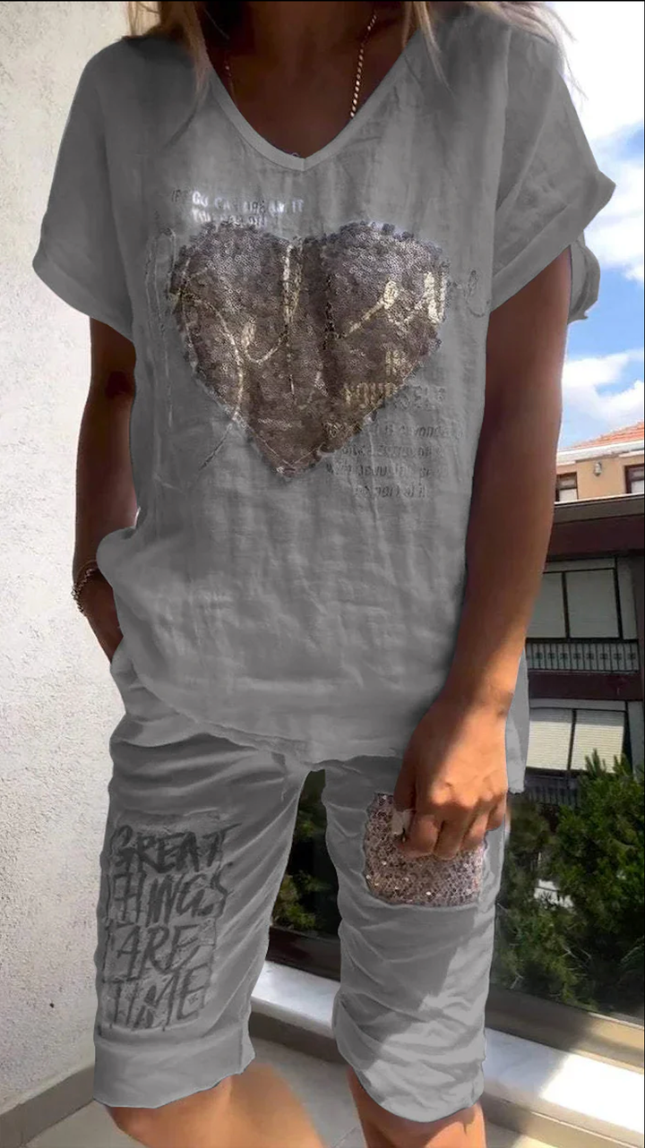 Varessa - Abito Casual a due Pezzi con Scollo a V e Goffratura Dorata