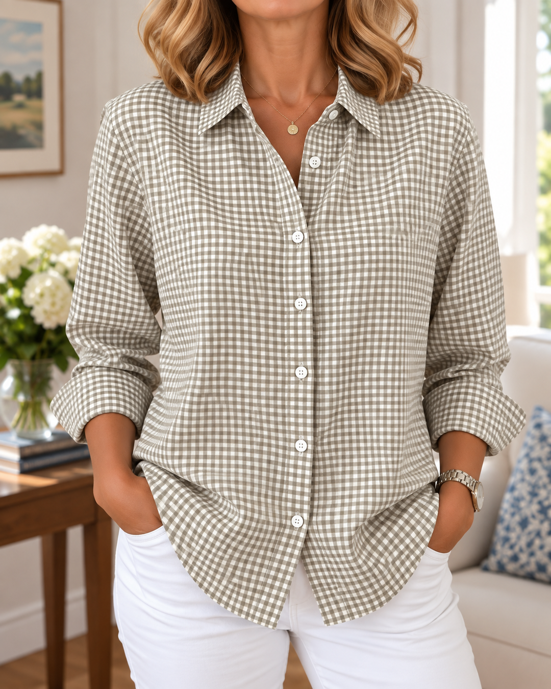 Colien - Camicia a Maniche Lunghe a Quadretti Con Bottoni