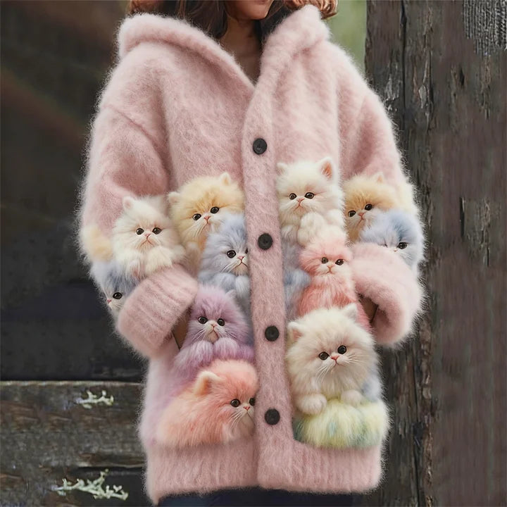 Kelsie - Cardigan Morbido con Cappuccio e Gatti