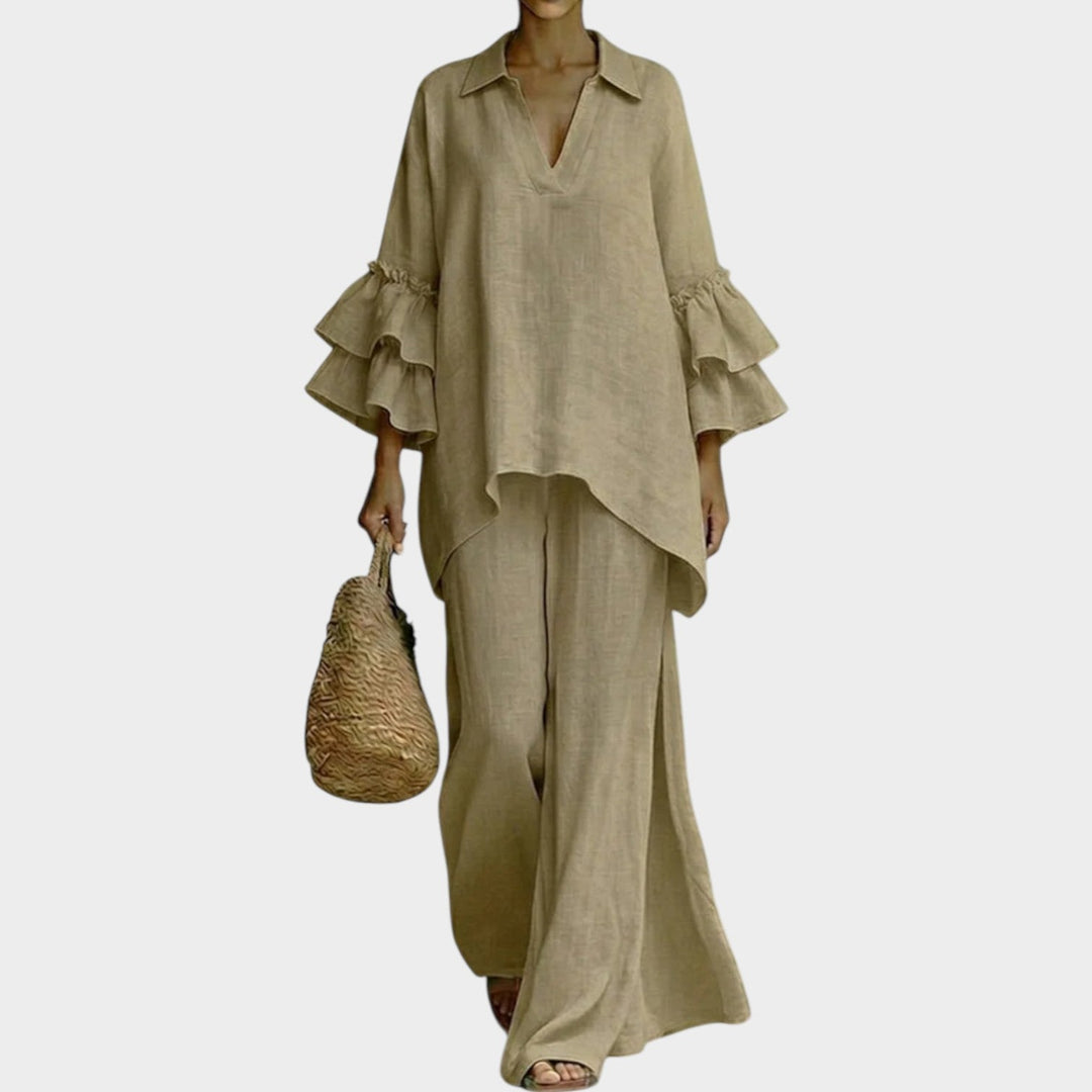 Fien - Elegante Top in Lino E Pantaloni Larghi a Gamba Ampia