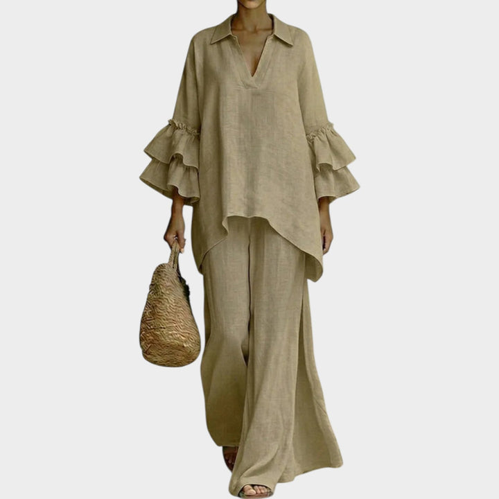 Fien - Elegante Top in Lino E Pantaloni Larghi a Gamba Ampia