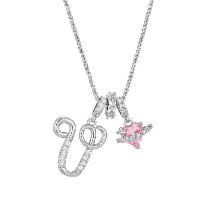 Nerute - Collana Con Iniziale e Ciondolo a Forma di Cuore Rosa