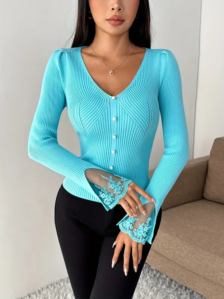 Visenna - Elegante Maglione Con Scollo a V e Maniche in Pizzo