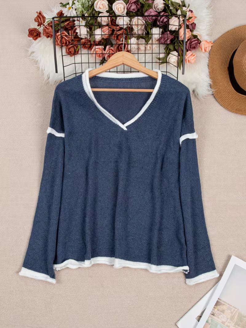 Ginny - Maglione Casuale a Maniche Lunghe e Scollo a V