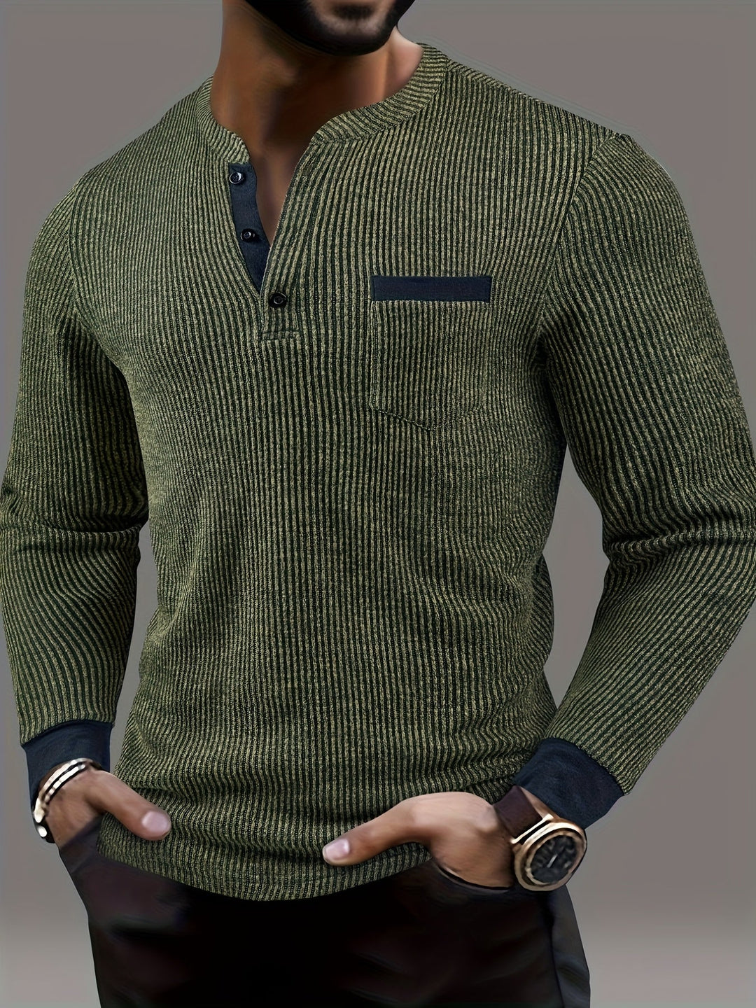 Deegan - Camicia Henley a Maniche Lunghe Con Colletto a Righe in Tessuto Testurizzato