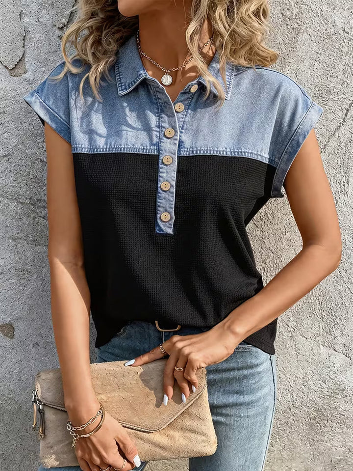 Haily - Top Casual in Denim Con Colletto Patchwork e Maniche Corte