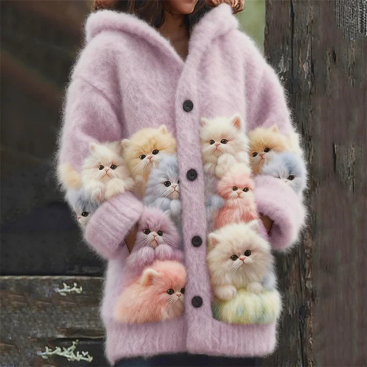 Kelsie - Cardigan Morbido con Cappuccio e Gatti