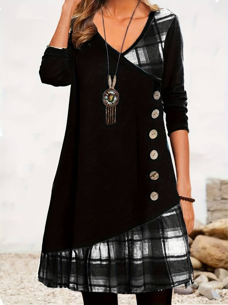 Alinor - Abito Casual a Maniche Lunghe Con Patchwork a Quadri