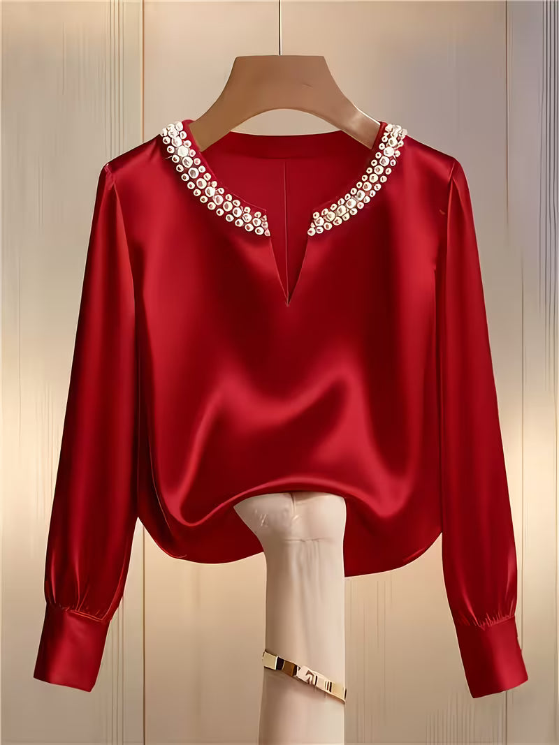 Avinaya - Elegante Camicia a Maniche Lunghe Con Collo Rotondo e Perle