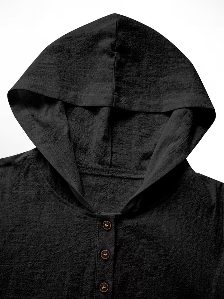 Bouchra - Camicia a Maniche Corte Con Cappuccio in Tinta Unita Dal Taglio Ampio Con Abbottonatura Frontale