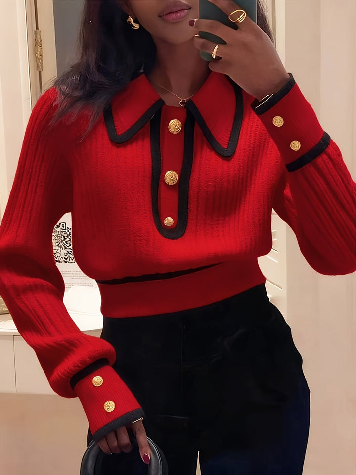 Dilnaz - Maglione a Maniche Lunghe Con Bordi a Contrasto E Bottoni