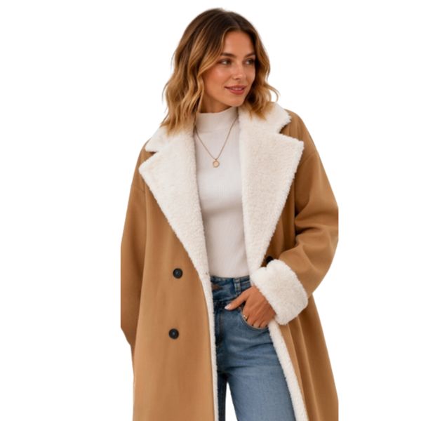 Lenkyna - Cappotto Lungo con Collo e Polsini in Pile