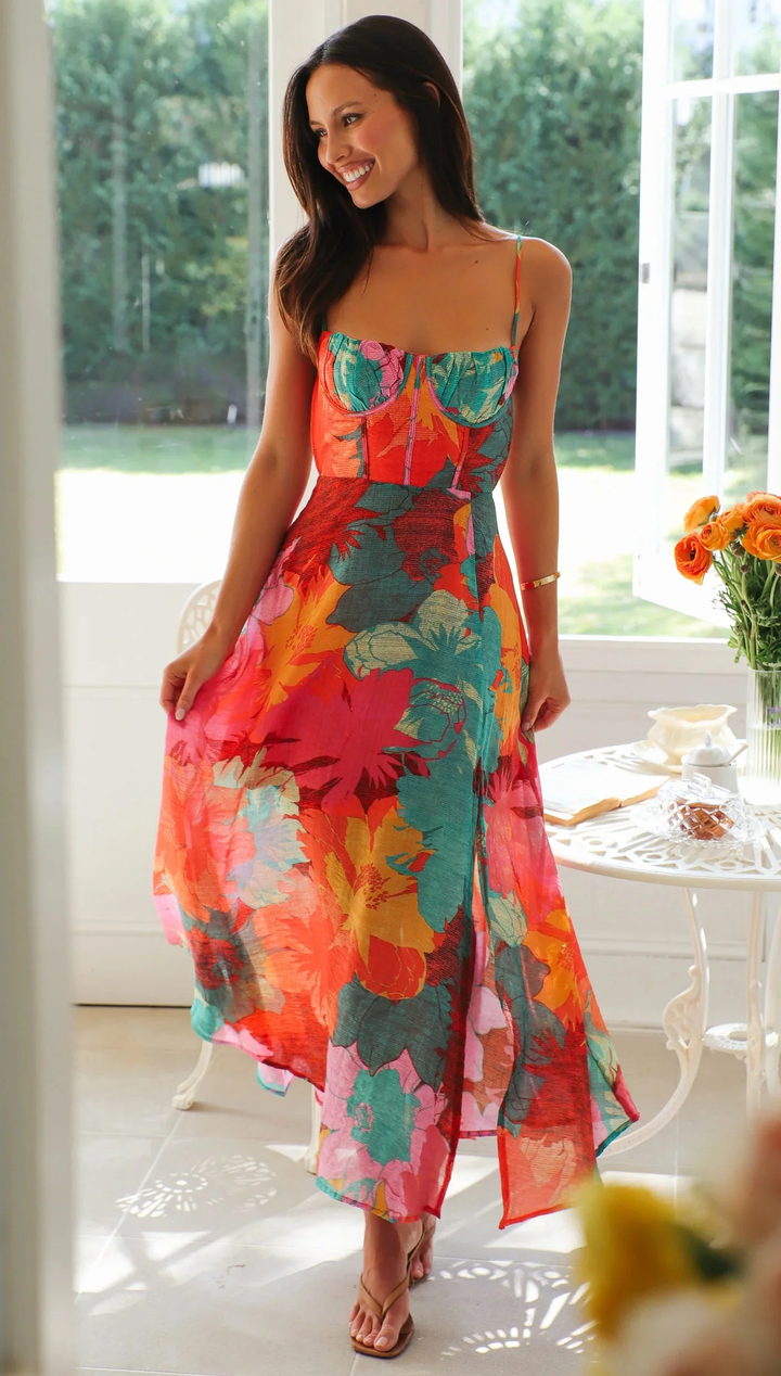 Kaitlyn - Elegante Abito Estivo Con Stampa Floreale E Spalline