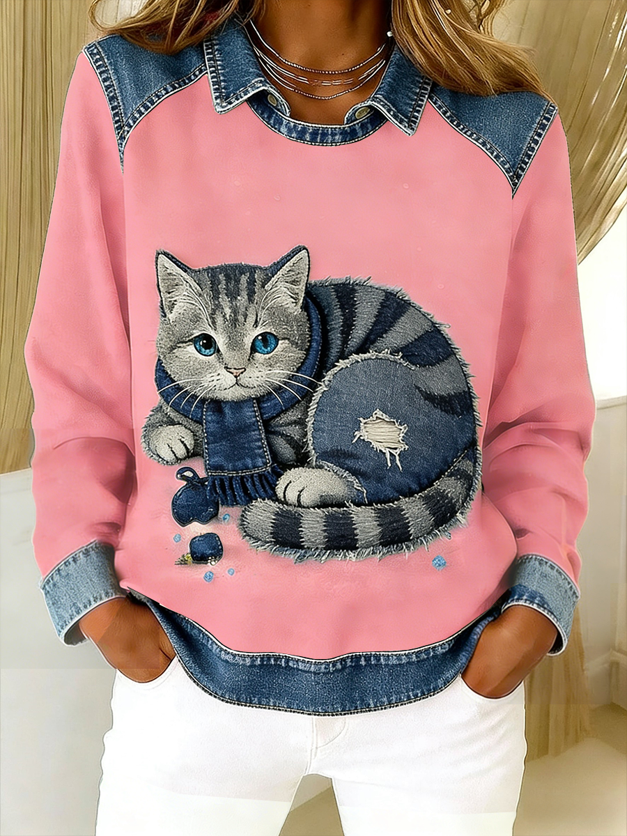 Eponin - Felpa patchwork in Denim Retrò Con Gatto
