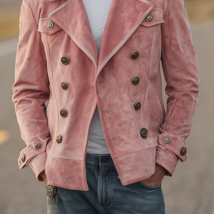 Momonosuke - Giacca Doppiopetto Classica in Stile Western Retrò Con Revers in Pelle Scamosciata