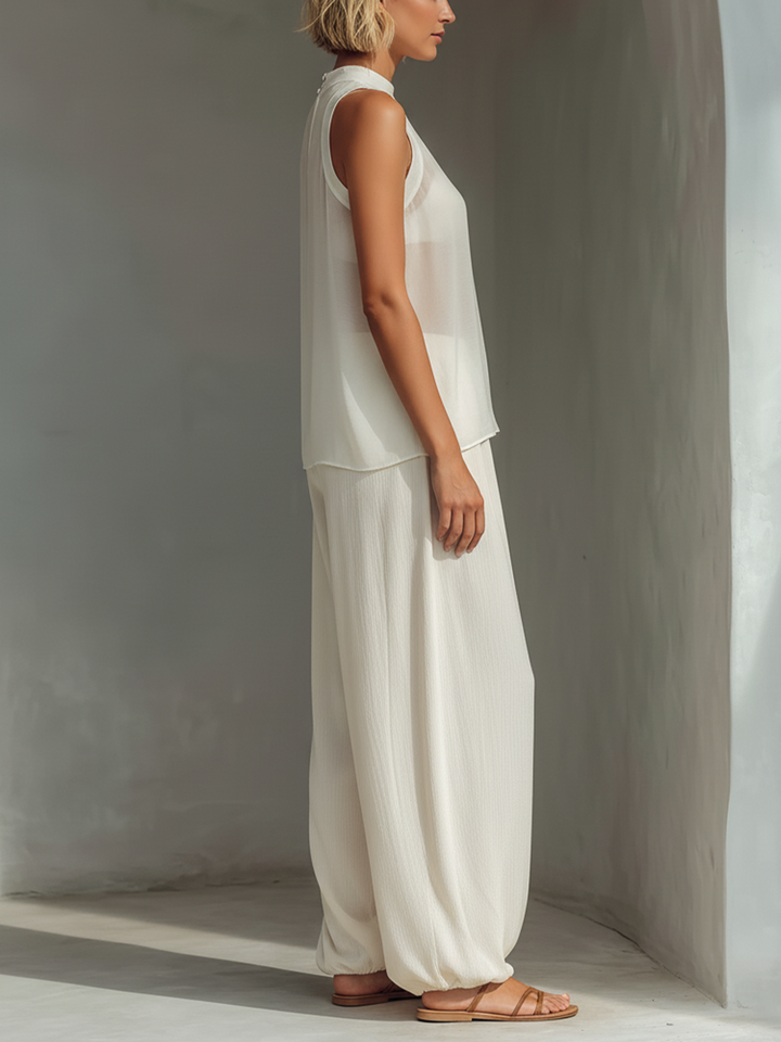 Olivian - Set Composto da top senza maniche in chiffon e pantaloni a gamba larga