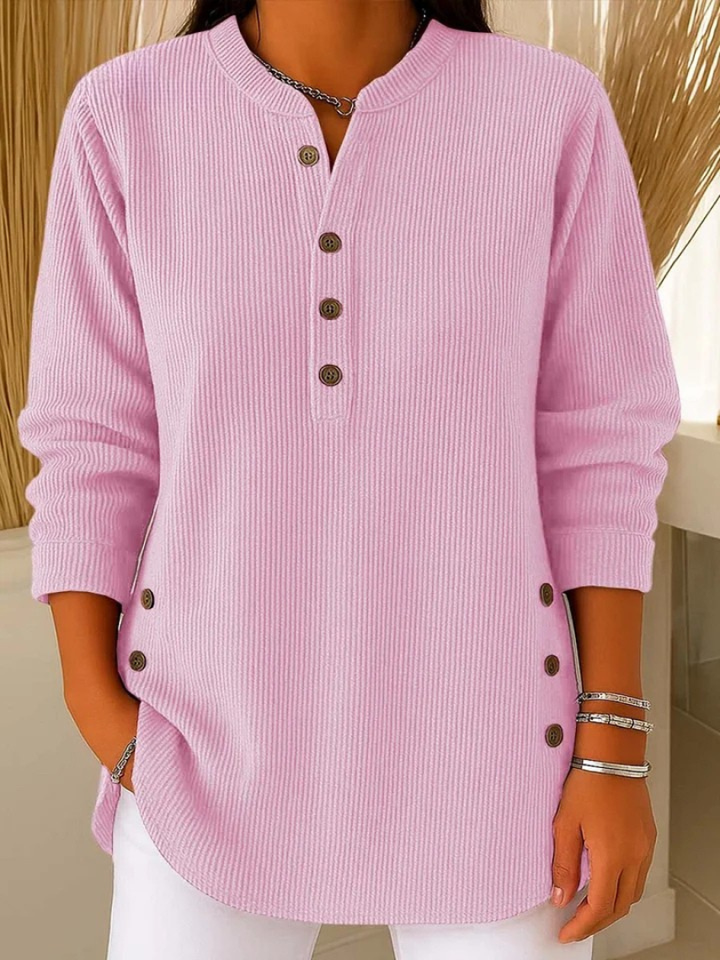 Eshani - Maglia Henley Casual a Maniche lunghe Con Bottoni e Lavorazione a Coste