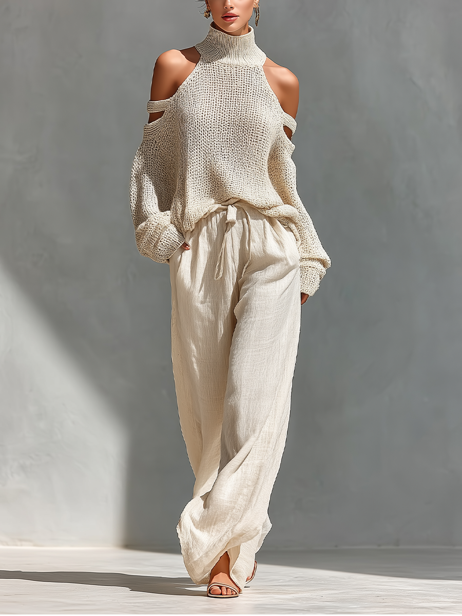 Elyzia - Set Composto Da Top Lavorato a Maglia e Pantaloni Larghi